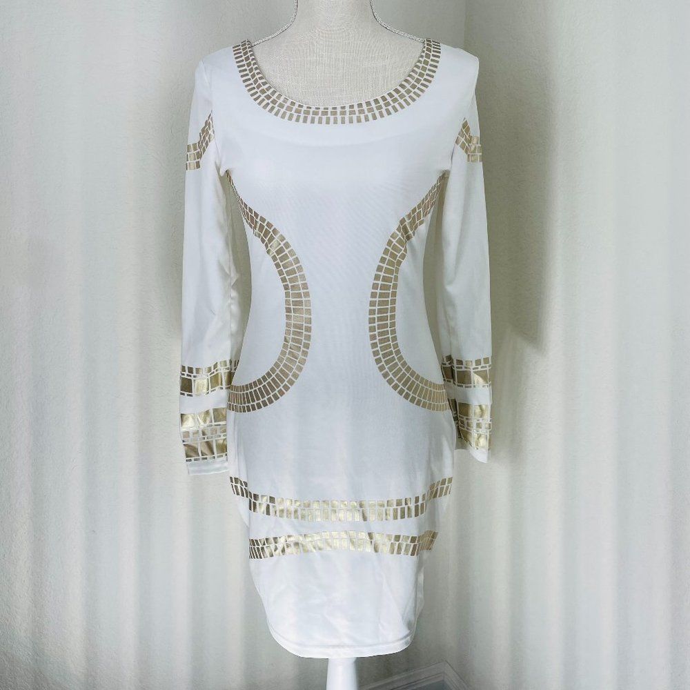 Acevog White Gold Printed Long Sleeve Bodycon Mini Dress S - Picture 1 of 5